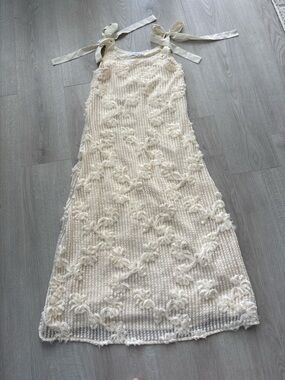 Cream Floral Appliqué Knit Maxi Dress with Tie Straps